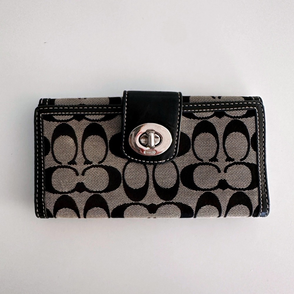 Coach Signature C Monogram Turnlock Trifold Long Wallet Black Canvas Leather Y2K
